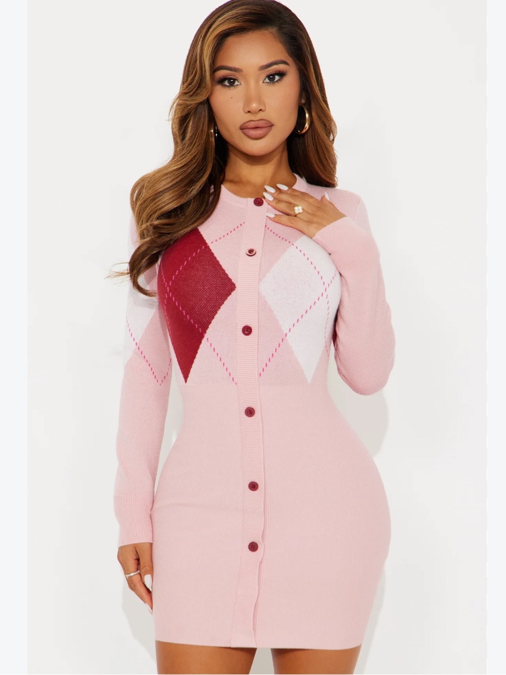 Fashion nova argyle long sleeve knit sweater CEO mini dress s